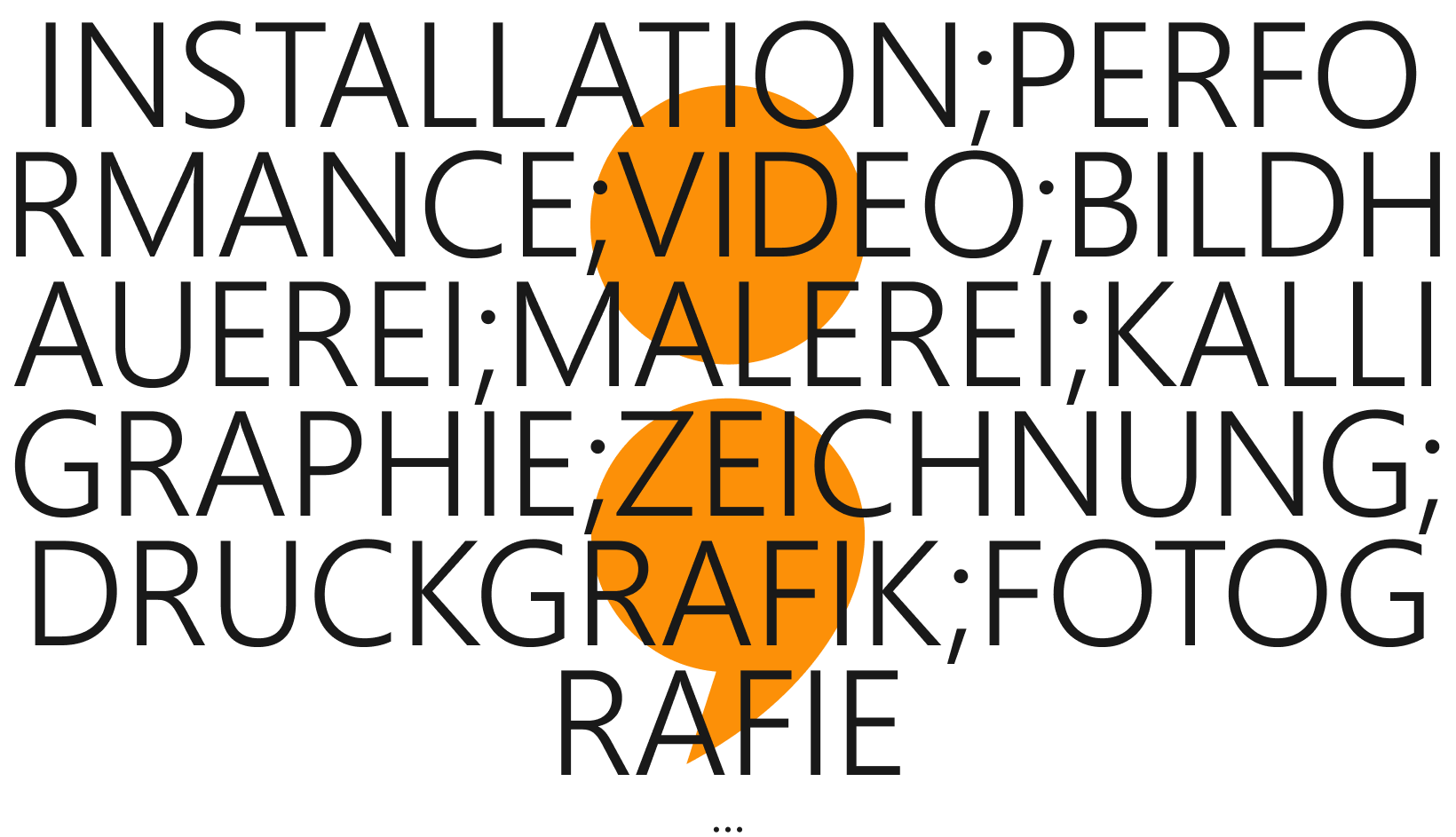 eine Grafik, die die Medien Installation, Performance, Video, Bildhauerei, Malerie, Kaligraphie, Zeichnung, Druckgrafik und Fotografie in Wörtern abbildet