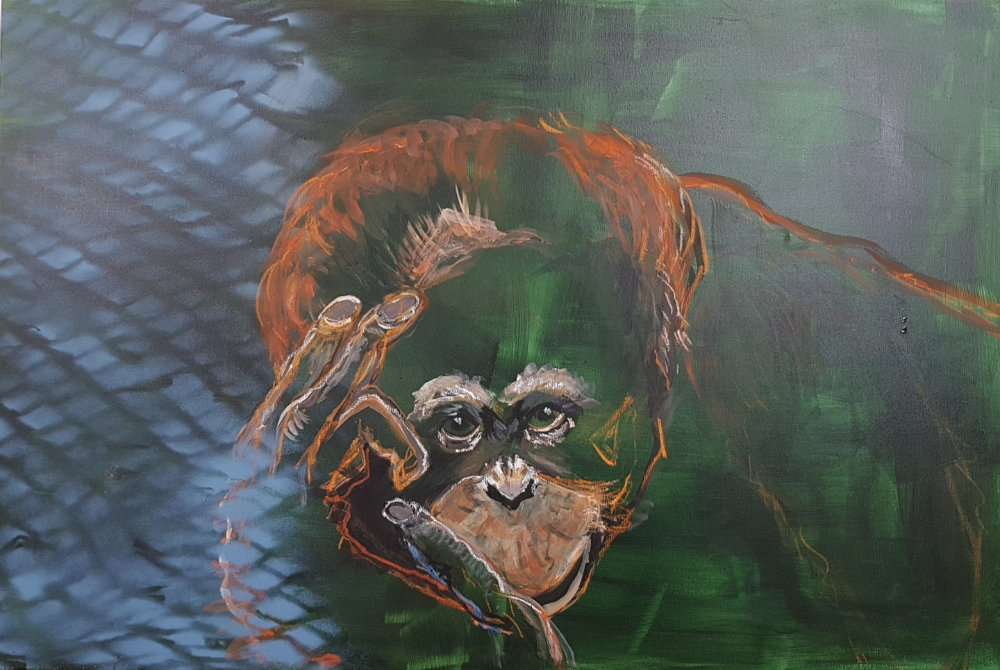 Der Denker Acryl auf Leinwand 80x120 cm ein nachdenklicher Oran-Utan